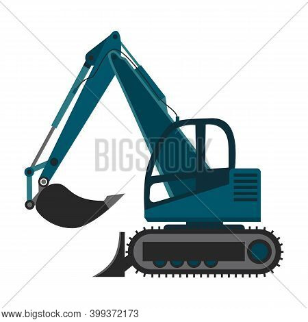 Excavator Or Bulldozer Machine With Backhoe, Flat Vector Illustration Isolated.
