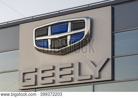 Belarus, Minsk-11/09/2020: Geely Logo On The Building Facade. Stock Photo.