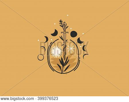 Hand Drawn Vector Abstract Stock Flat Graphic Illustration With Logo Elements , Sword, Sun And Moon 