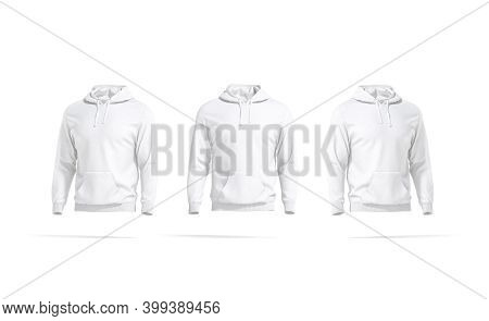 Blank White Hoodie With Hood Mockup, Front And Side View, 3d Rendering. Empty Cotton Hoodi With Long