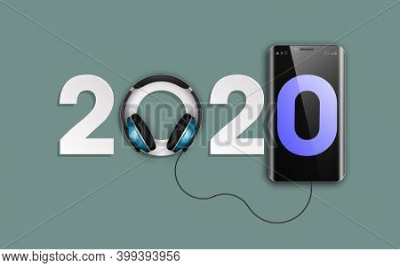 Happy New Year 2020 Party Headphones Music Background. Greeting Card Headphone Dj Player Headphone 2