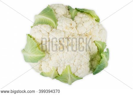 Ripe Cauliflower With Green Leaves Isolated On White Background