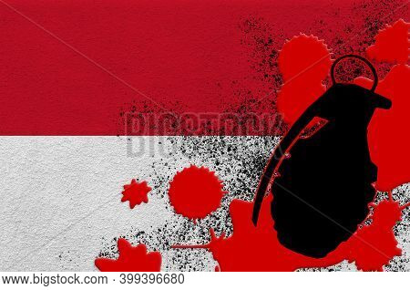 Indonesia Flag And Mk2 Frag Grenade In Red Blood. Concept For Terror Attack Or Military Operations W