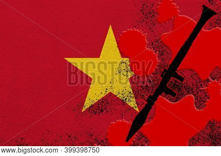 Vietnam Flag And Black Rpg-7 Rocket-propelled Grenade Launcher In Red Blood. Concept For Terror Atta