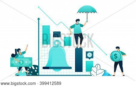 Vector Illustration Of Bell In Chart Financial Analysis. Notifications Reminders Up And Down In Mark