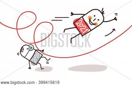 Hand drawn Cartoon 2021 Flying and Looping Man, Pushing Down a 2020 with Mask