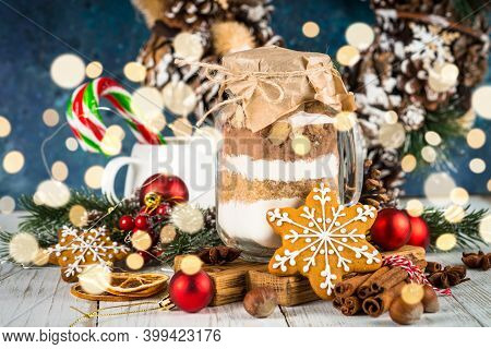 Cookies In The Jar. Ingredients For Christmas Baking. Idea For Christmas Present.