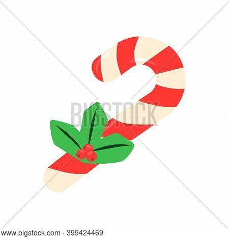 Candycane Flat Vector Abstract Element. Christmas Treat Rgb Color Clipart. Candy Cane With Mistletoe