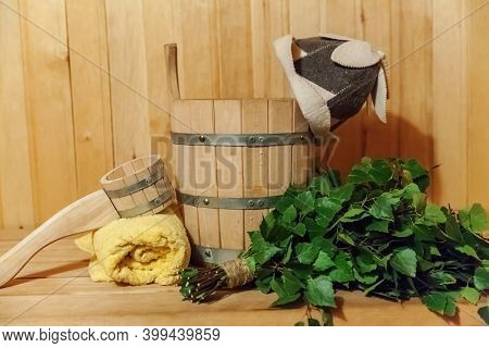Interior Details Finnish Sauna Steam Room With Traditional Sauna Accessories Basin Birch Broom Scoop