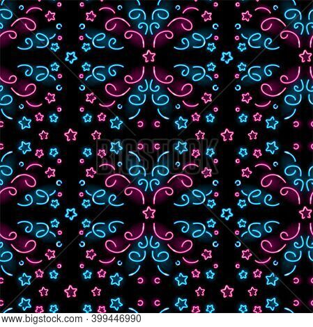 Neon Geometrick Seamless Pattern With Pink And Blue Elements On Black Background. Holiday, Firework,