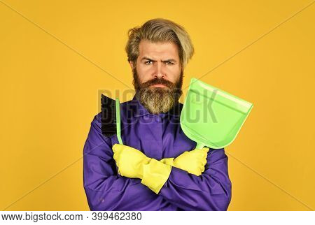 Gardener Cleaning Service Man. Cleaning Agency. Worker With Brush. Cleaning Equipment. Yardman Occup