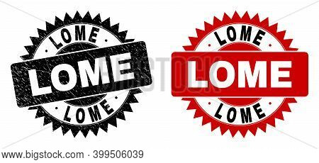 Black Rosette Lome Seal. Flat Vector Scratched Seal Stamp With Lome Text Inside Sharp Rosette, And O