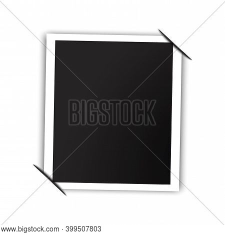 Realistic Black Photo For Frame Print Design. Blank Template. Photo Frame Tucked Corners. Stock Imag
