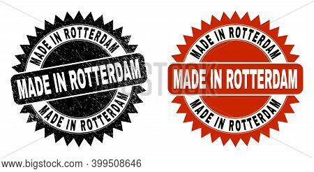 Black Rosette Made In Rotterdam Seal. Flat Vector Scratched Seal With Made In Rotterdam Title Inside