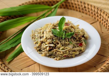 Northern Thai Food (yum Nor Mai), Spicy Bamboo Shoot Salad With Crab Paste Eating With Ginger Leaf, 