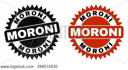 Black Rosette Moroni Seal Stamp. Flat Vector Scratched Seal With Moroni Caption Inside Sharp Rosette