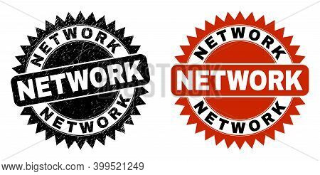 Black Rosette Network Stamp. Flat Vector Scratched Seal Stamp With Network Caption Inside Sharp Rose