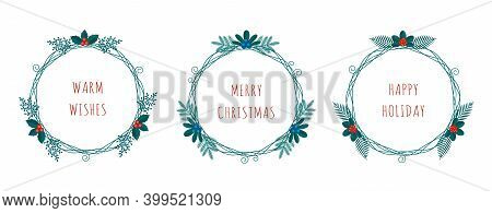 Merry Christmas Collection Of Greeting Cards With Winter Plants Frame In The Modern Flat Style. Stoc