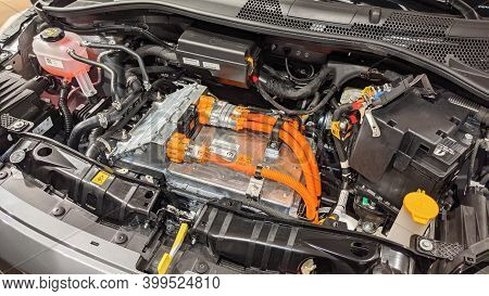 Bordeaux , Aquitaine  France - 12 12 2020 : Fiat 500e Engine Motor Car Electric Vehicle Detail Of Mo