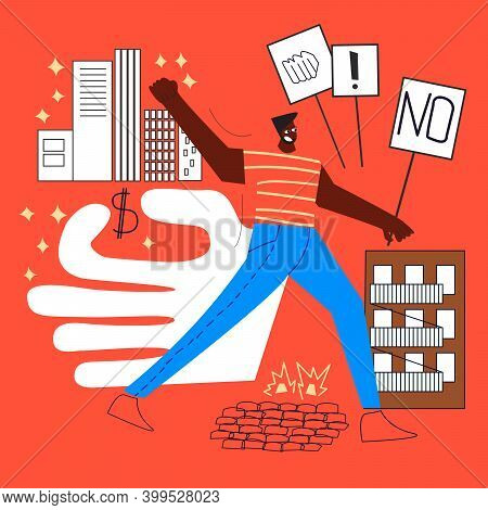 Man Is Marching To Protest Against Gentrification. Demonstration, Revolution, Raised Arm Fist Holdin