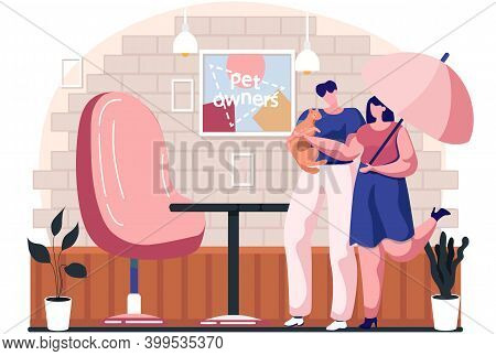 Couple Pet Owners Holding Ginger Cat On Hands. Happy People With Kitten At Home Or Caffee. Man And W
