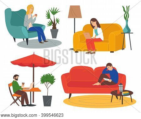 Relaxing People, Woman Sitting In Cozy Armchair And Drink Coffee, Lady Surfing In Internet Using Lap
