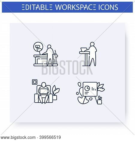 Futuristic Office Innovations Line Icons Set. Smart Table, Biohilic Design, Standing Work And More. 