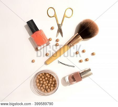 Makeup Accessories On A White Background. Top Of View.