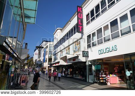 Krefeld, Germany - September 18, 2020: People Visit Shopping Street In Krefeld, Germany. Krefeld Is 