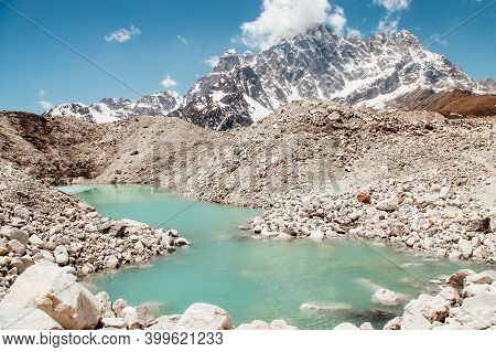 Amazing Blue Gokio Lake Under Ice And Snow, Nepal, Himalayas