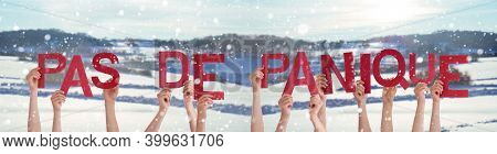 People Hands Holding Pas De Panique Means Do Not Panic, Snowy Winter Background