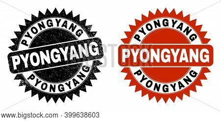Black Rosette Pyongyang Seal Stamp. Flat Vector Scratched Seal Stamp With Pyongyang Caption Inside S