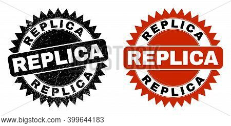 Black Rosette Replica Seal Stamp. Flat Vector Distress Seal Stamp With Replica Caption Inside Sharp 