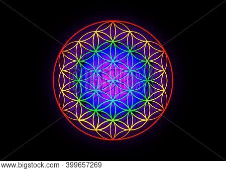 Flower Of Life, Yantra Mandala, Metatron Cube, Sacred Geometry. Bright Glowing Spectrum Psychedelic 