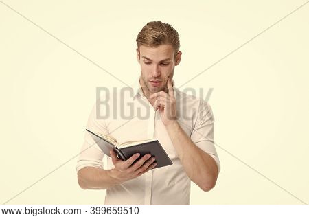 Reading Feeds Imagination. Young Student Read Book Isolated On White. Imagination And Fantasy. Use O