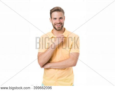 Glad To Help You. Man Smiling Face Posing Confidently Ready To Help White Background. Guy With Brist