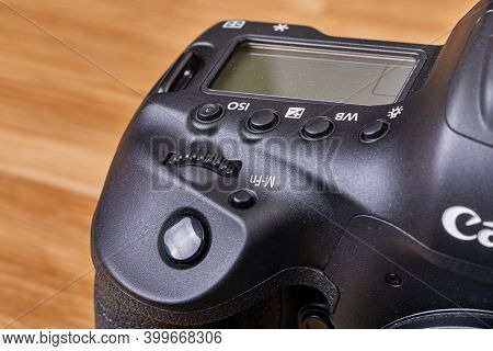 BUDAPEST, HUNGARY - CIRCA 2017: Canon EOS 1Dx mark II, Canon's flagship DSLR closeup detail