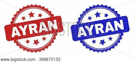 Rosette Ayran Stamps. Flat Vector Grunge Seal Stamps With Ayran Text Inside Rosette Shape With Stars