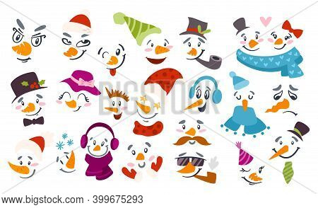 Christmas Snowman Face Clipart - Cute Boys And Girls Faces With Hat, Scarf, Smoke Pipe, Tie, And Gla