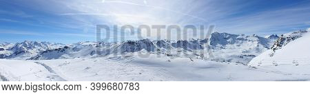 Panoramic View Of The Mountains Of France On A Winter Sunny Day. Haute Savoy, France. Snow Park.