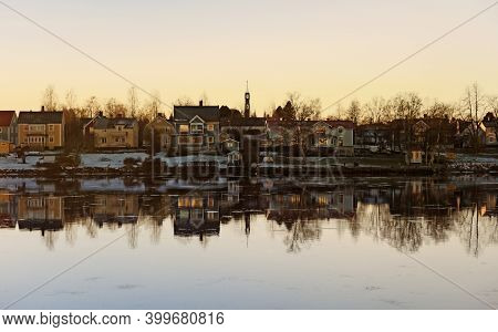 Umea, Norrland Sweden - November 27, 2020: Parts Of The Teg And Umea River District At Sunset
