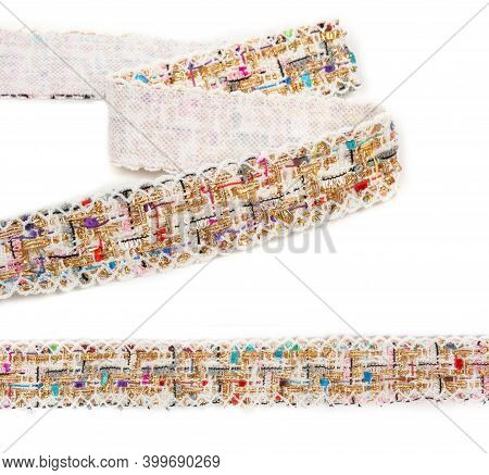 Beige Cotton Tweed Keeper Twill Fringe Terry Textured Tape Ribbon Stripe And Fold Zigzag With Shiny 