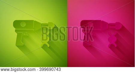 Paper Cut Transfer Liquid Gun In Biological Laborator Icon Isolated On Green And Pink Background. Pa