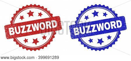 Rosette Buzzword Seal Stamps. Flat Vector Textured Stamps With Buzzword Title Inside Rosette Shape W