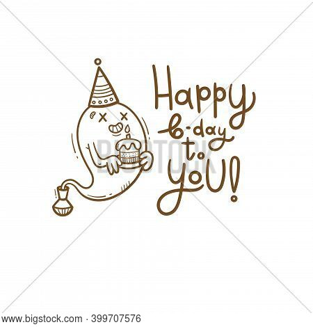 Birthday Card  With Cute Cartoon Monster. Ghost In Party Hats. Vector Doodle Poster. Little Funny An