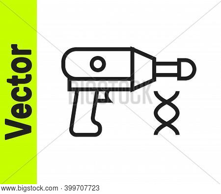 Black Line Transfer Liquid Gun In Biological Laborator Icon Isolated On White Background. Vector