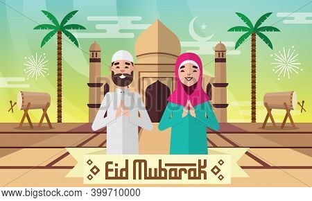 Eid Mubarak Greeting Card In Flat Style Vector Illustration