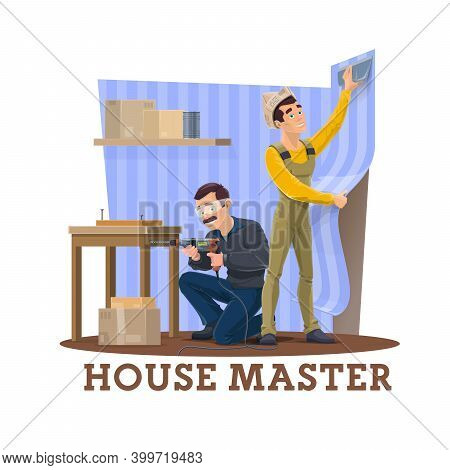 House Repair Master. Home Renovation Service Worker In Uniform, Using Electric Drill And Assembling 