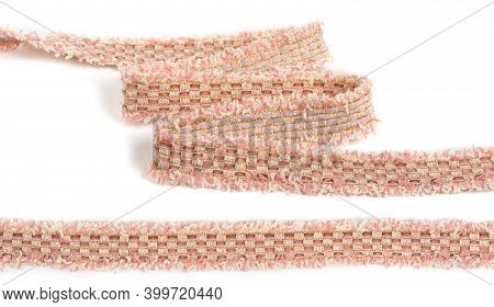 Beige Pink Cotton Tweed Keeper Twill Fringe Terry Textured Tape Ribbon Stripe Fold Zigzag With Shiny