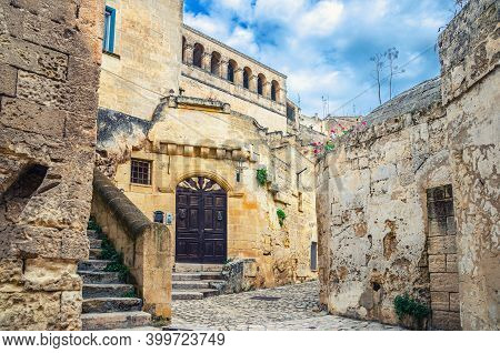 Street With Old Stone Houses And Buildings In Sassi Di Matera Town Historical Centre Sasso Caveoso, 
